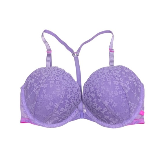 Victorias Secret Bra 34D Purple Daisy Lace Front Close T Extreme Lift Plunge - Picture 1 of 8